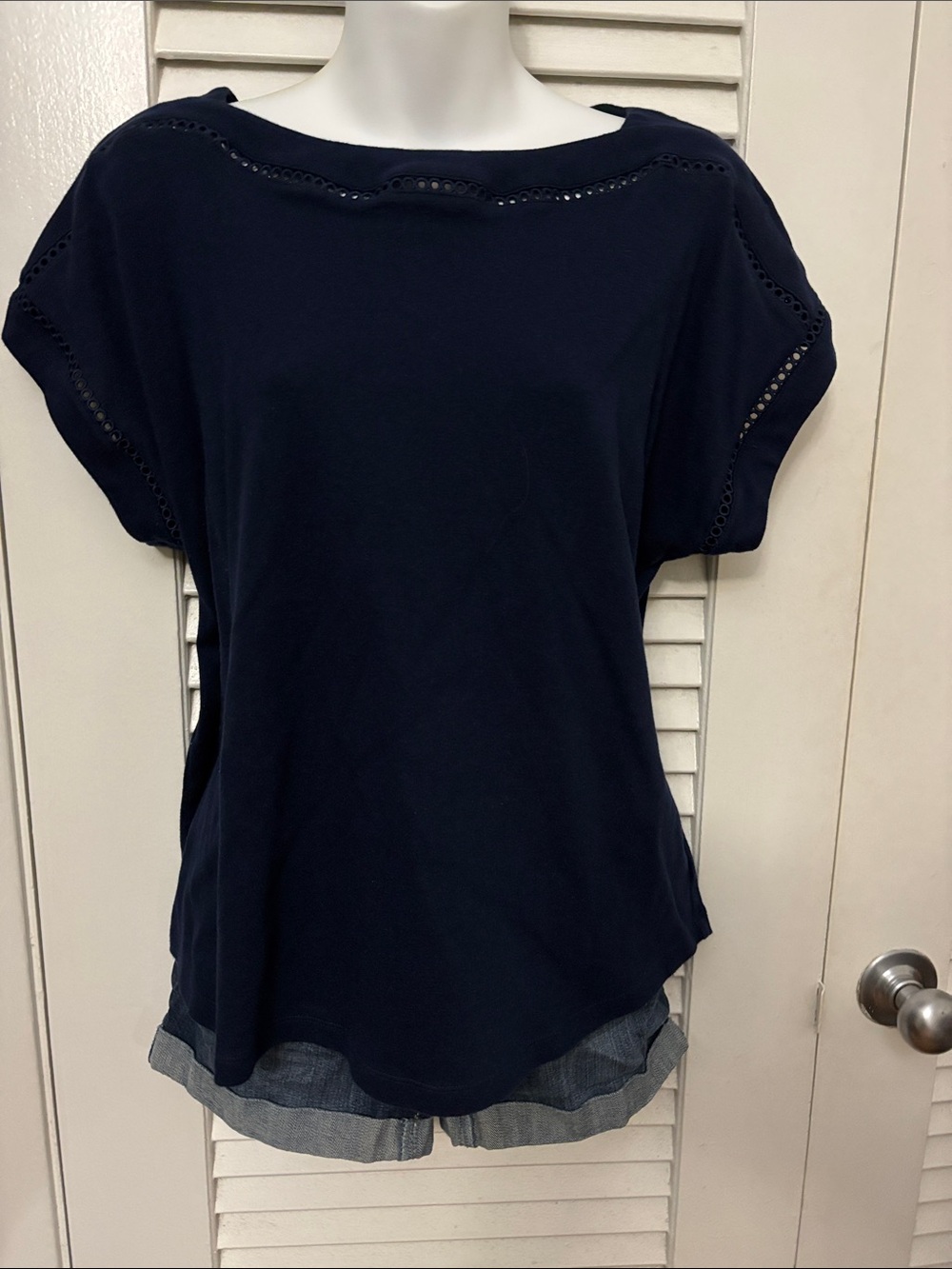 KimRogers-Women’s Navy Short Sleeve Boatneck Top